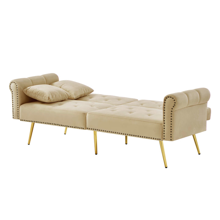 Modern upholstery velvet beige 2-seater sofa bed, adjustable backrest & gold-plated metal feet EUKARYOT