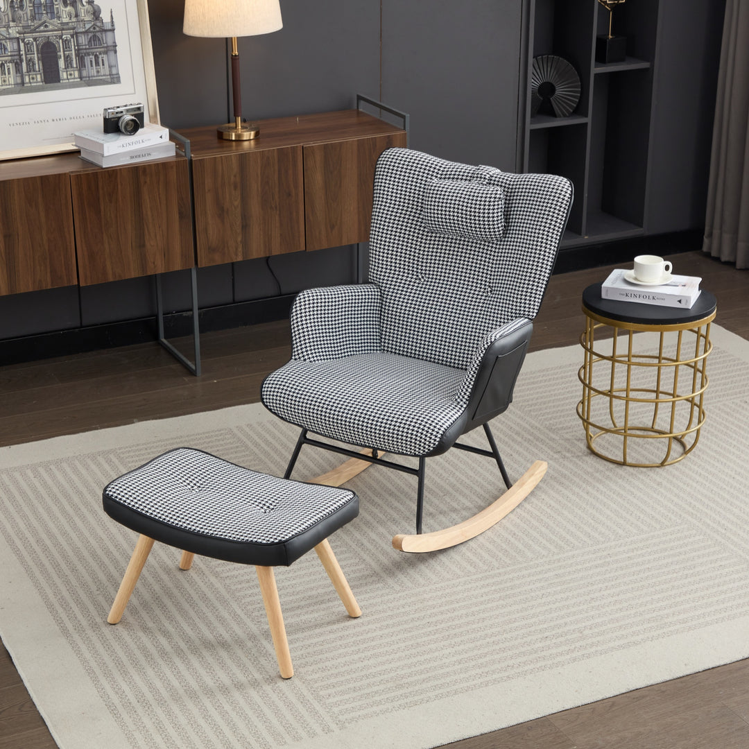Black white houndstooth rocking chair high back with footrest CLOUDBROOK UK