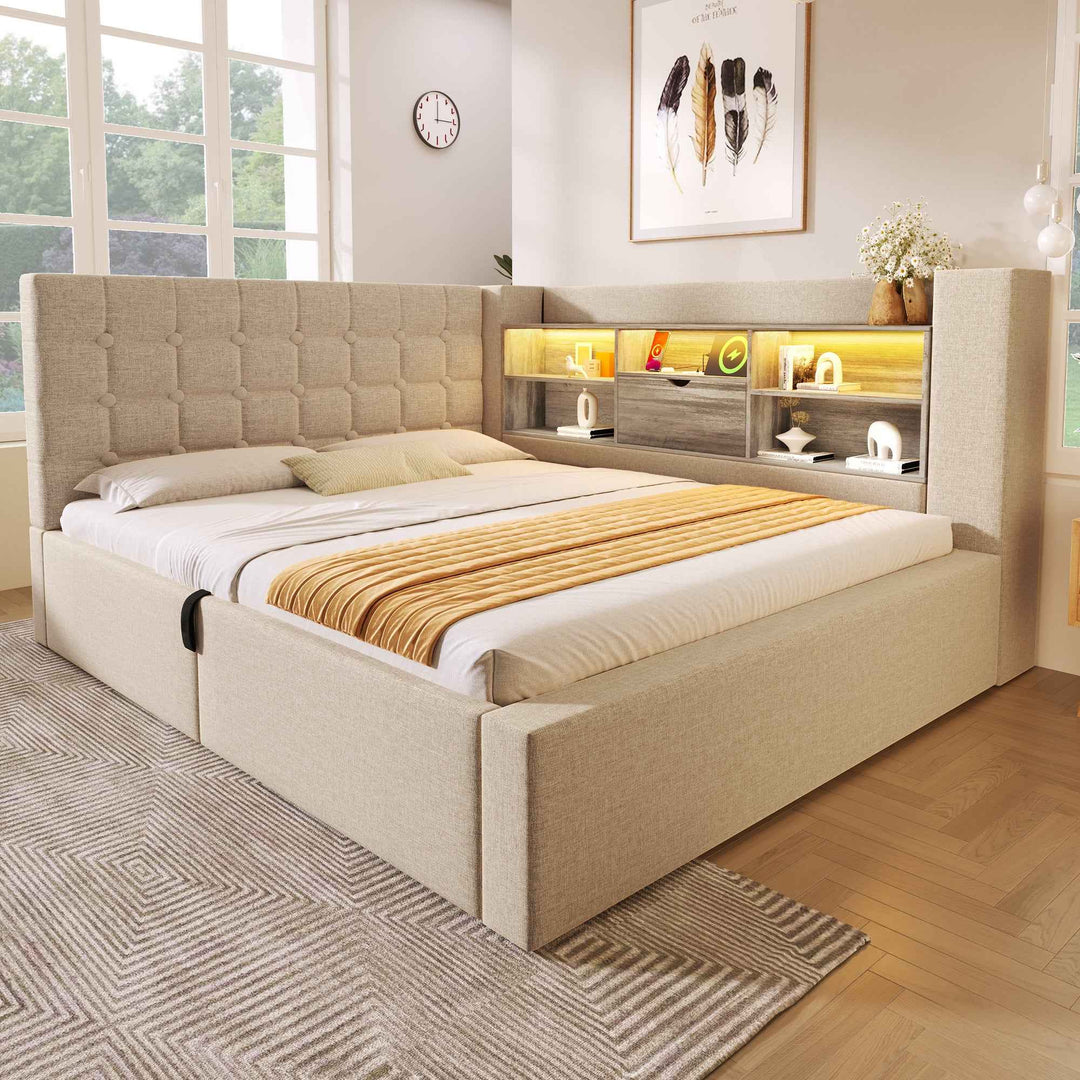 00+Daybed 135 x 190 cm Linen Beige, LED Storage Bed with USB-C Charging for Bedroom URBANSHELF