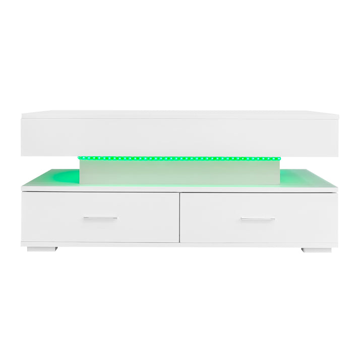 White lift-top coffee table with LED lighting and 2 drawers 100×50×44cm CYBERSPACE