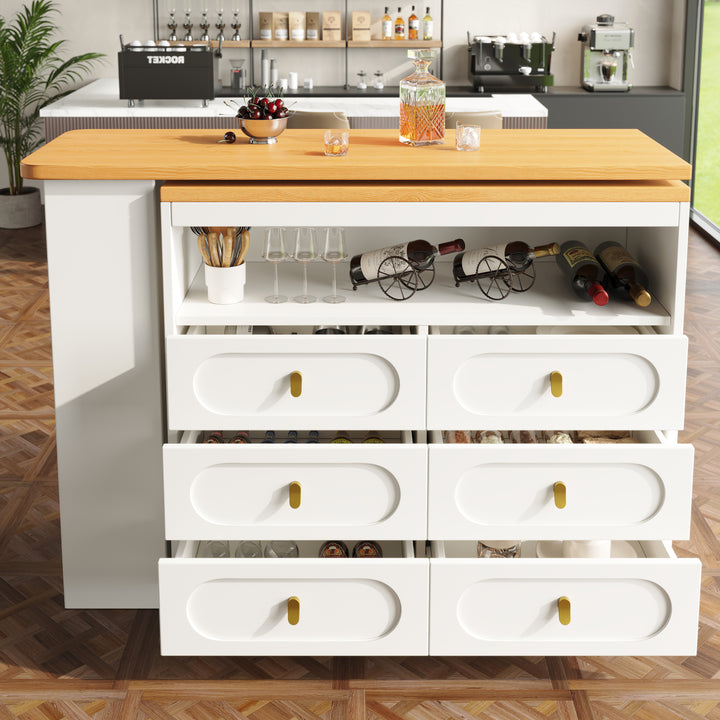 White 360° rotating extendable bar table with 6-drawer storage SYCAMOREBALL