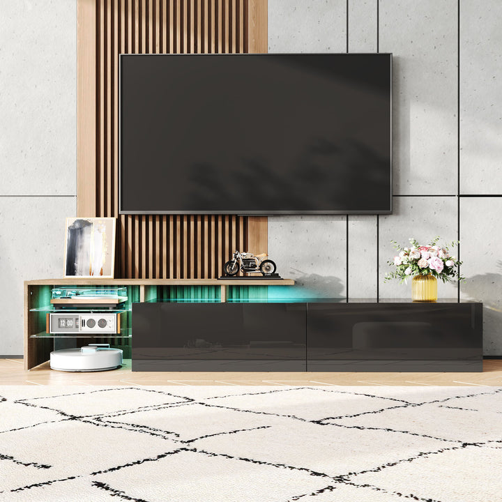 Modern black high gloss TV cabinet with glass shelves and LED lighting KETTLEHOLE