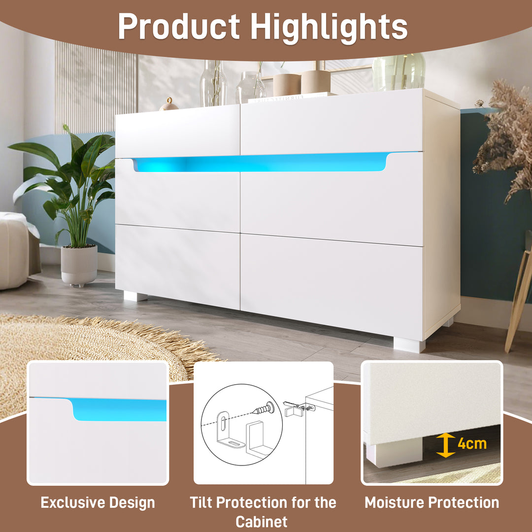 White sideboard dresser with 6 drawers and LED light BRULQOIKS UK