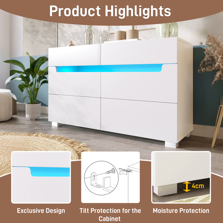 White sideboard dresser with 6 drawers and LED light BRULQOIKS UK