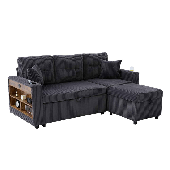 Corduroy convertible sofa with pull-out couch bed and storage, USB-C, LED lights, cup holders, dark grey 196cm RACKECO