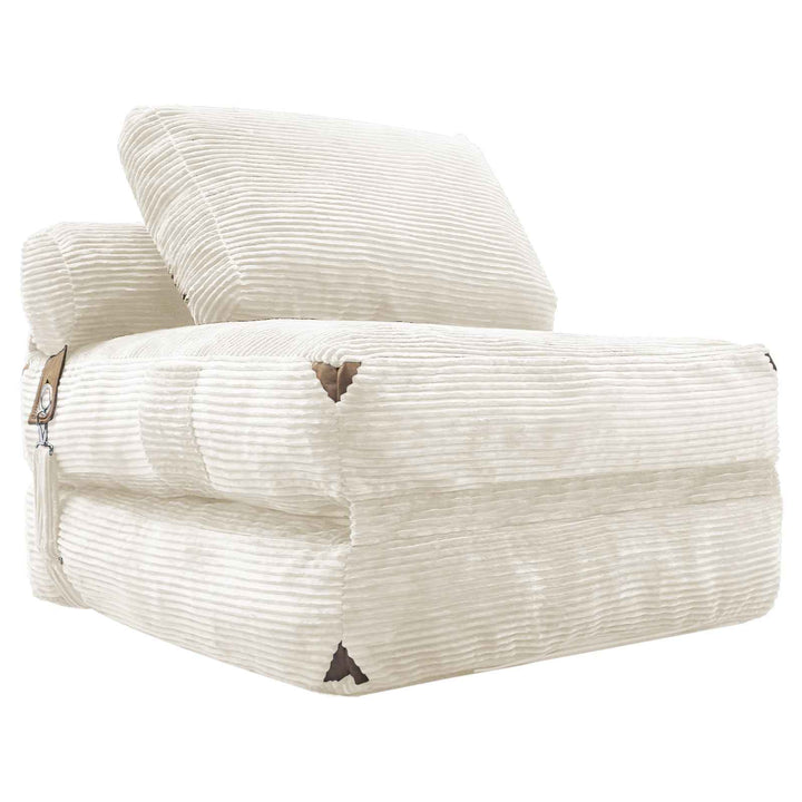 3 in 1 Convertible Corduroy Floor Sofa Bed White, Oversized Fold Out Chaise Lounge with High Density Sponge, Side Pockets, Non-Slip Base, No Assembly, Space Saving for Bedroom Dorm Gaming Napping