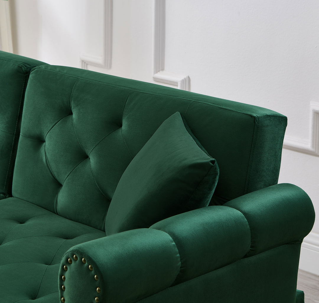 Green velvet 2-seater sofa bed with adjustable backrest and gold legs CAKDERA