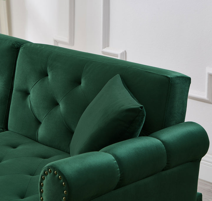 Green velvet 2-seater sofa bed with adjustable backrest and gold legs CAKDERA