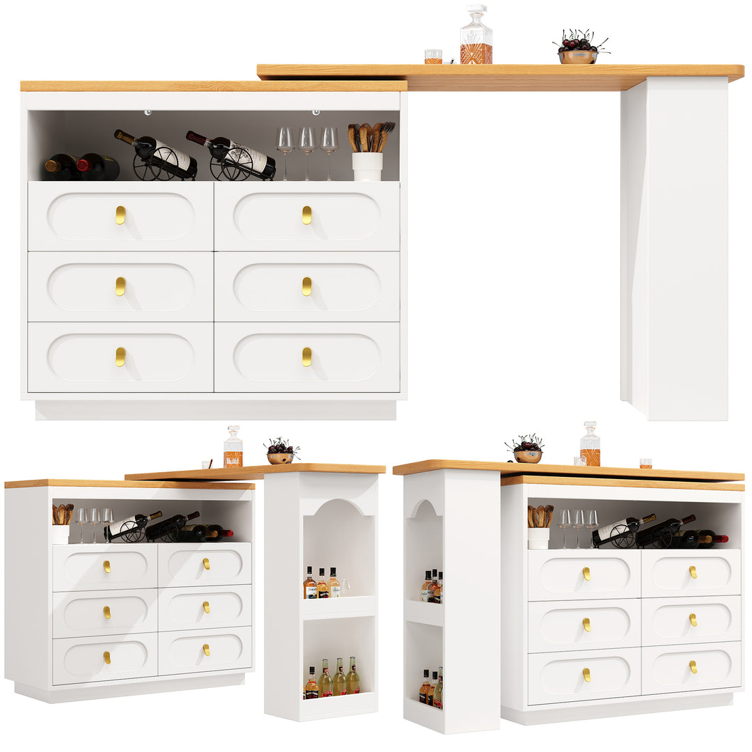 White 360° rotating extendable bar table with 6-drawer storage SYCAMOREBALL