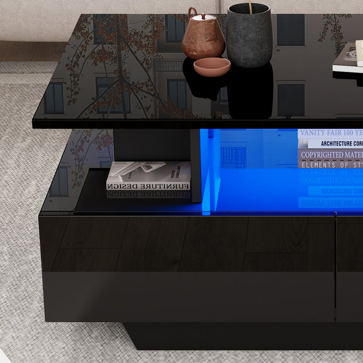 Black high-gloss coffee table 2 drawers with LED lighting ATOMSWALE