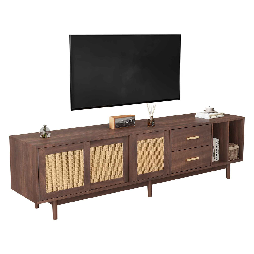 TV stand dark wood vintage look with rattan sliding doors & 2 drawers  INFINITERIF