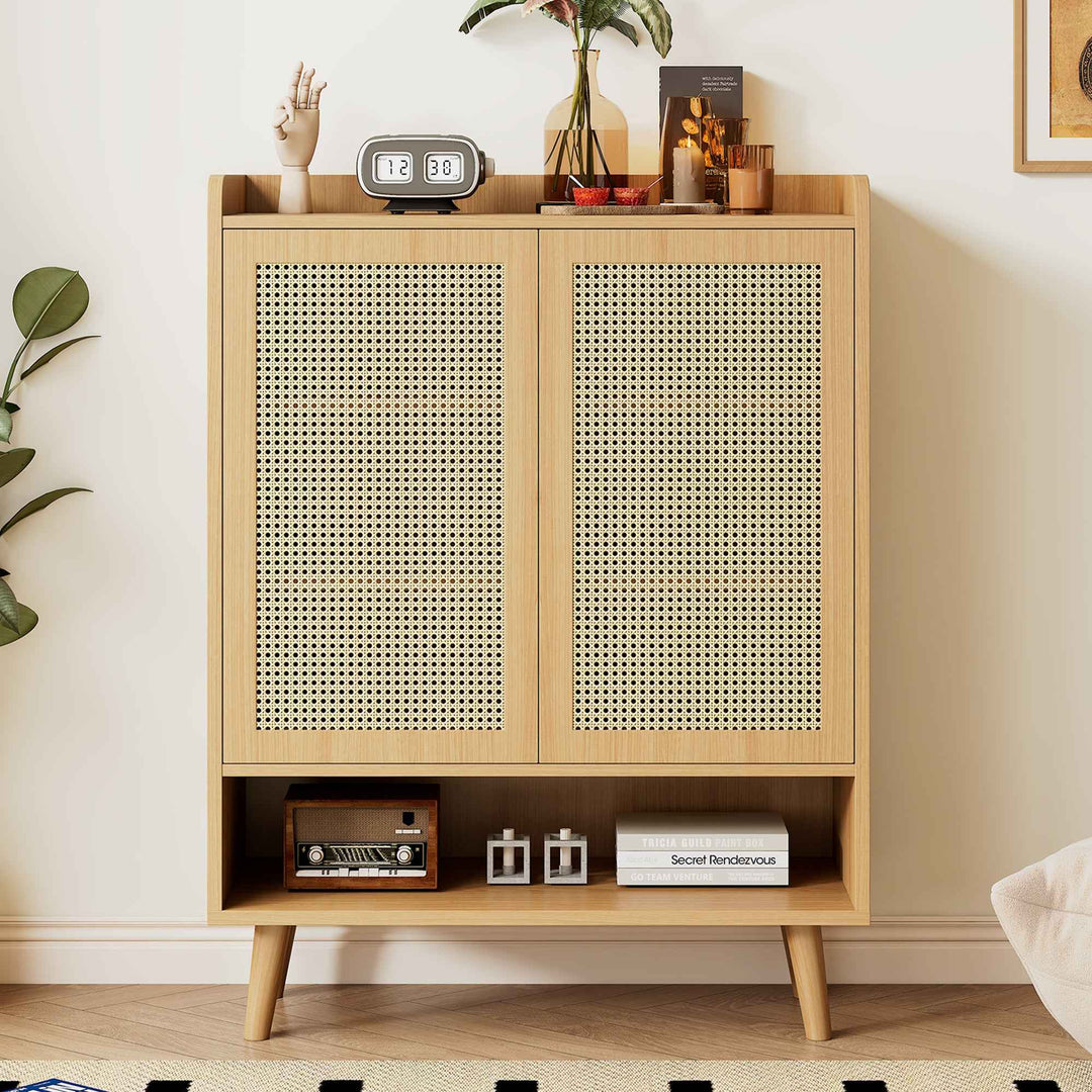 00+Natural Rattan Shoe Cabinet With 5-Tier Storage Cupboard For Hallway & Entryway Organiser, Light Oak, CONCRETETRAY