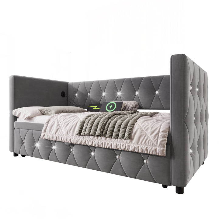 Grey velvet single upholstered guest day bed diamond design with trundle, USB charging STEKZEL GREY UK