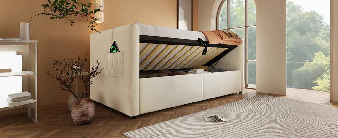 Daybed Upholstered Bed 90x190cm Velvet Beige, Single Sofa Bed with USB & Type-C Charging, Hydraulic Storage, 3FT, for Bedroom & Living Room (No Mattress)