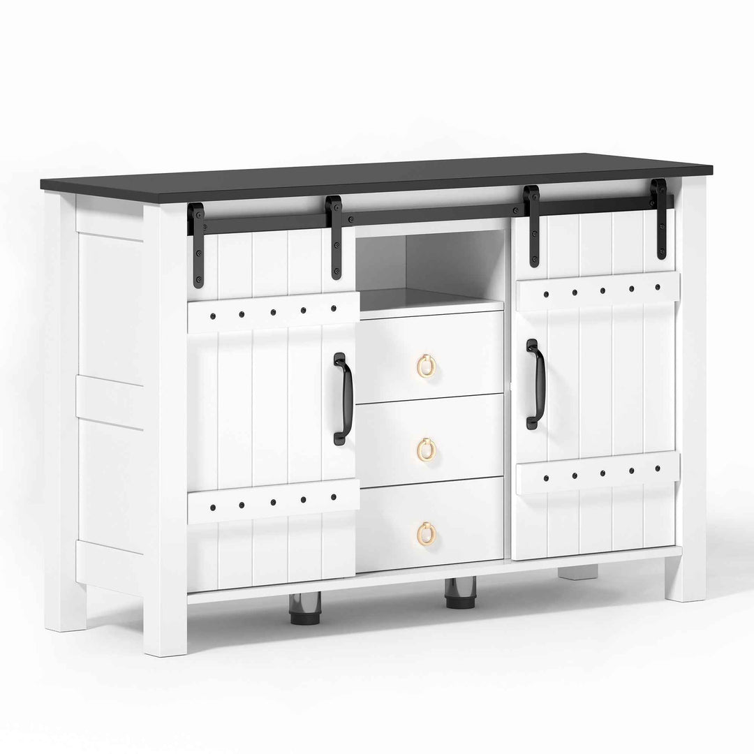 00+Sideboard Cabinet 120cm White with Sliding Doors & 3 Drawers, Rustic Storage Buffet for Kitchen VERTEXLYNX
