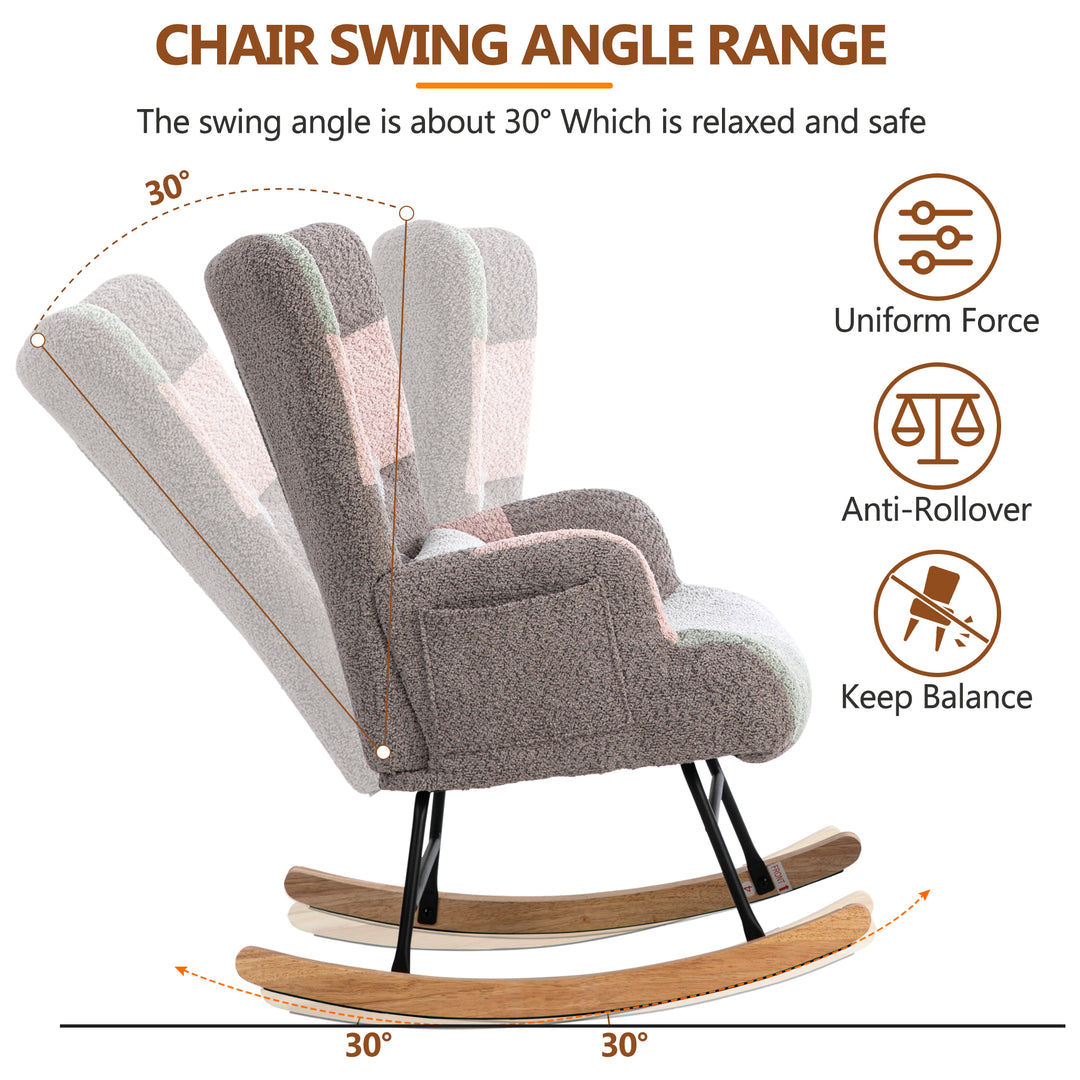 Patchwork rocking chair with footstool, bouclé fabric accent chair with wooden legs and cushion RECTRIX