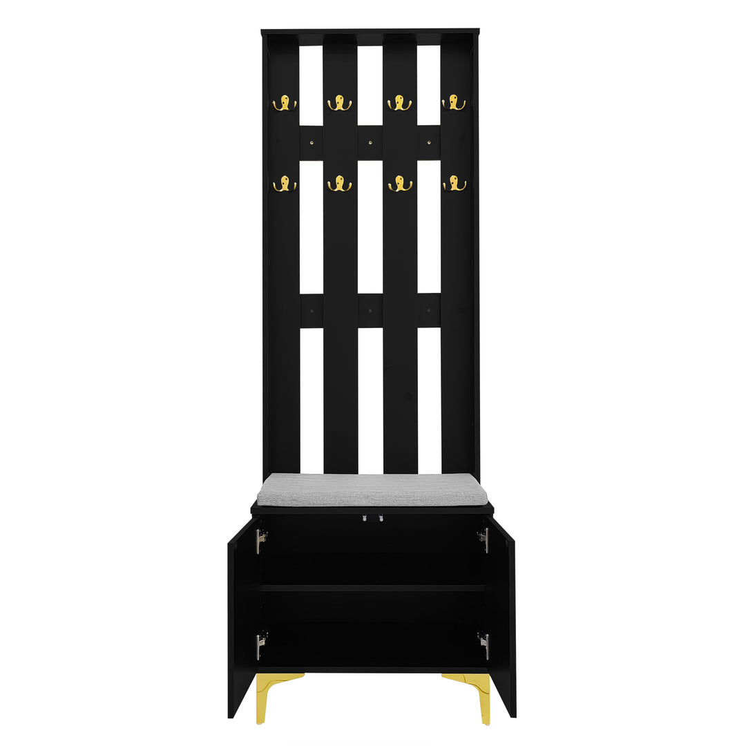 Black wooden entryway coat hanger, bench and cushion, and shoe cabinet TERMITEMOUND