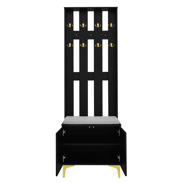 Black wooden entryway coat hanger, bench and cushion, and shoe cabinet TERMITEMOUND