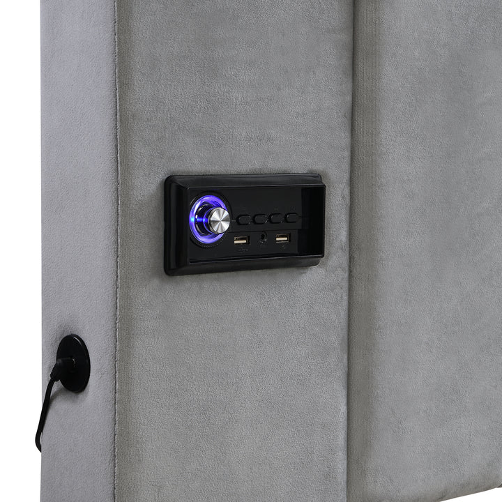 Upholstered velvet grey king bed with sound stereo, lamps and charging ports 150x200cm PNEUMATOPHORE UK