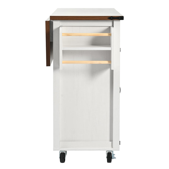 White farmhouse style rolling kitchen island with fold-out top and racks SALTMARSH