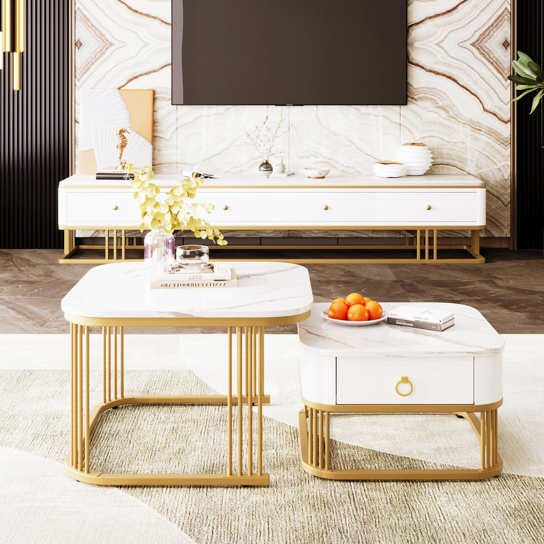 White high gloss marble-look nesting coffee table VREVIEK WHITE UK