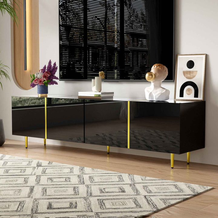 00+缺图 TV Cabinet Modern Style 170 cm Black High-Gloss with 4 Doors Soft-Close Storage URBANSCREEN