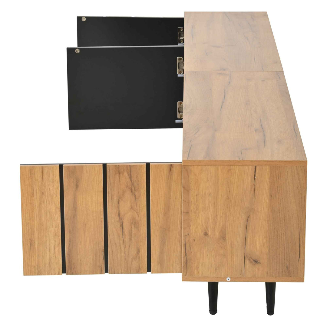 TV stand cabinet wood look & black, 3 doors glass shelf FLAREKRYOS
