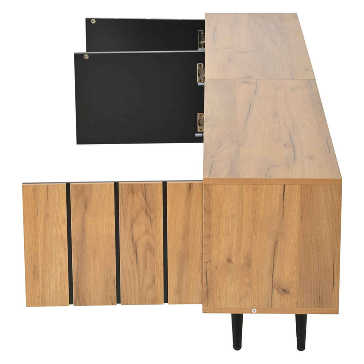 TV stand cabinet wood look & black, 3 doors glass shelf FLAREKRYOS