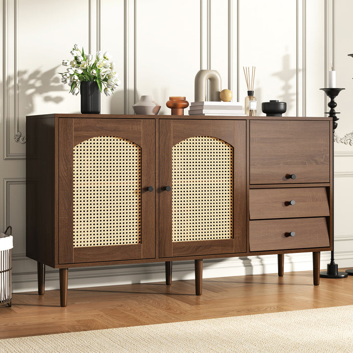 Wooden rattan sideboard vintage 3 doors 2 drawers 130x40x75.5cm SEAGRASSBED UK
