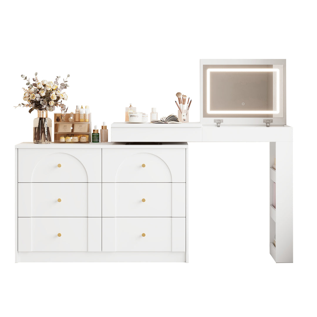 White L-shaped rotating vanity desk with LED mirror makeup table ELEGANT THROW HOME