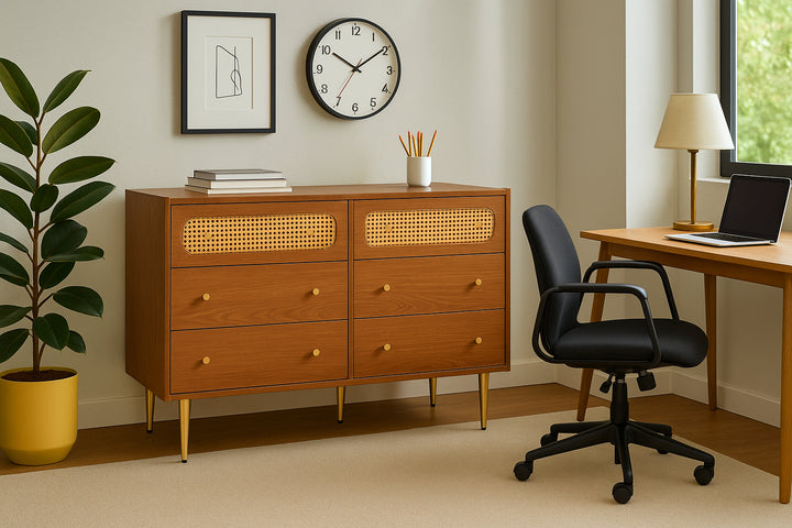 Faux rattan walnut sideboard cabinet, chest of drawers with 6 drawers 40Dx120Wx90Hcm DELMO UK