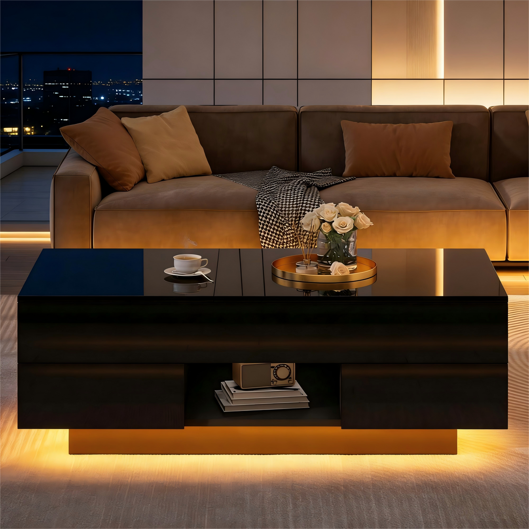 0Lift-top black high gloss coffee table with LED 100x45x43cm IRON CHEST