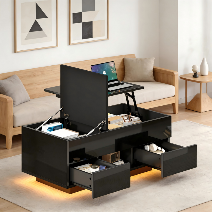 0Lift-top black high gloss coffee table with LED 100x45x43cm IRON CHEST