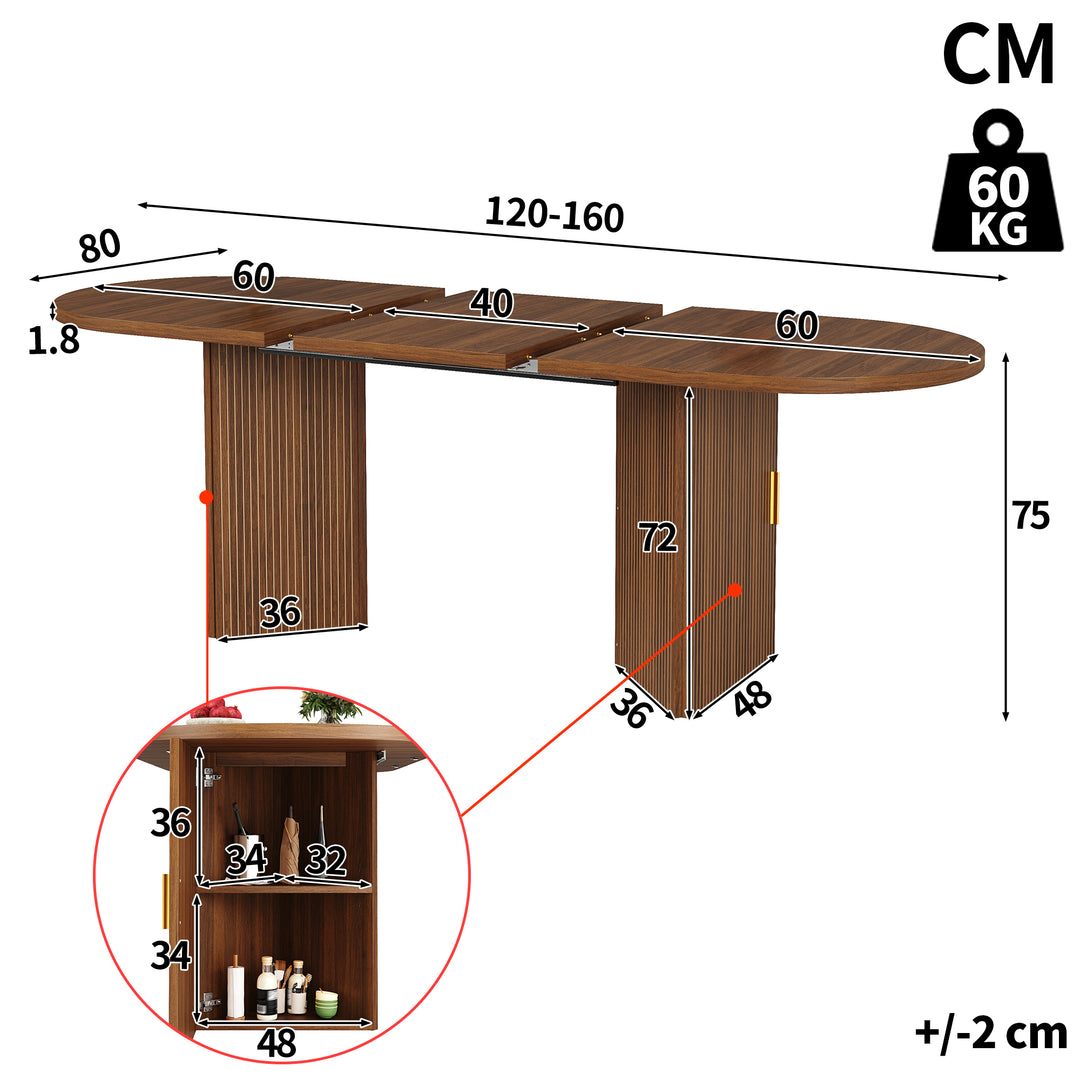 Brown Extendable Oval Dining Table with 2 Hidden Storage Cabinets 120–160cm ARROWBASKET