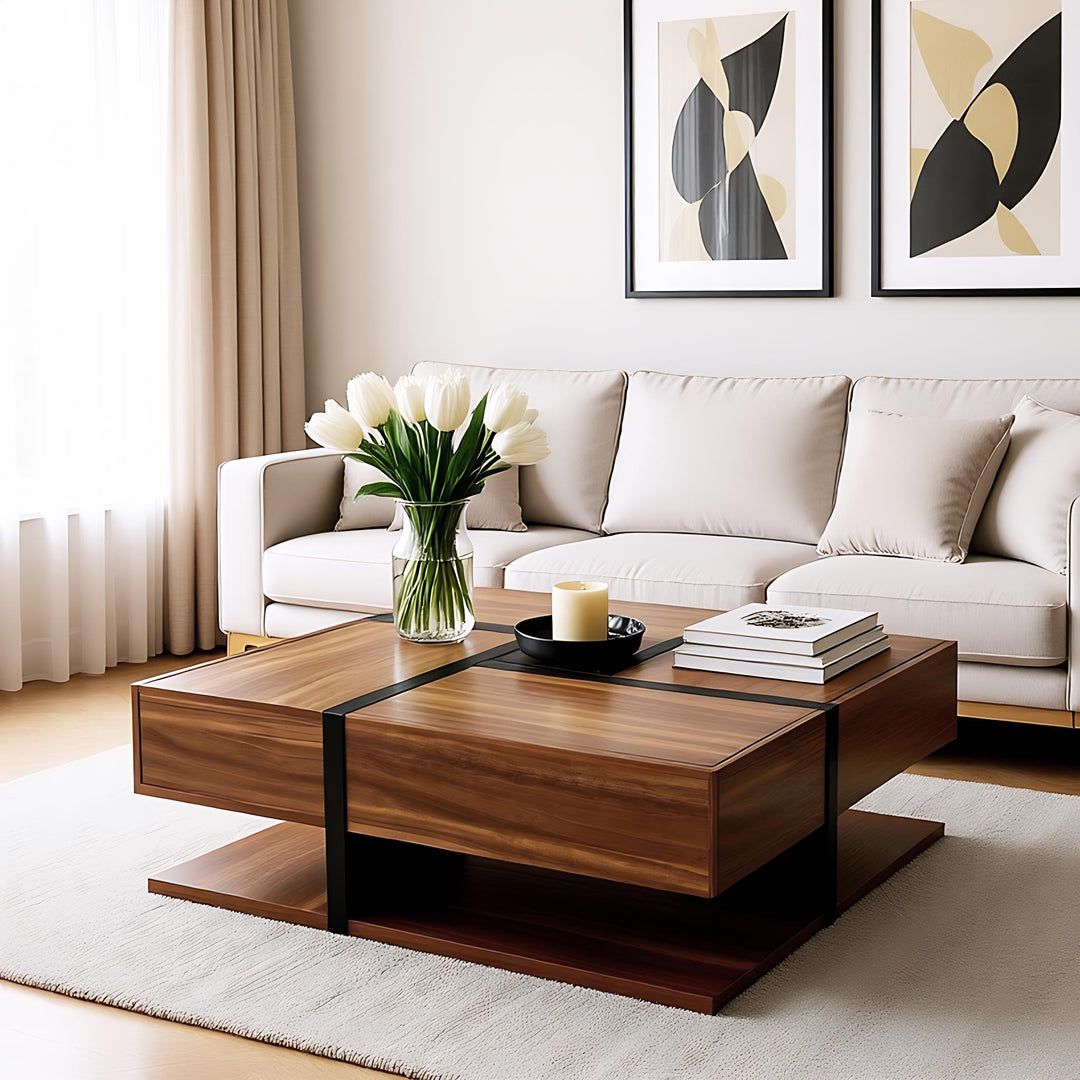 Wood industrial coffee table with 4 drawers and line design AILZAIL BROWN UK
