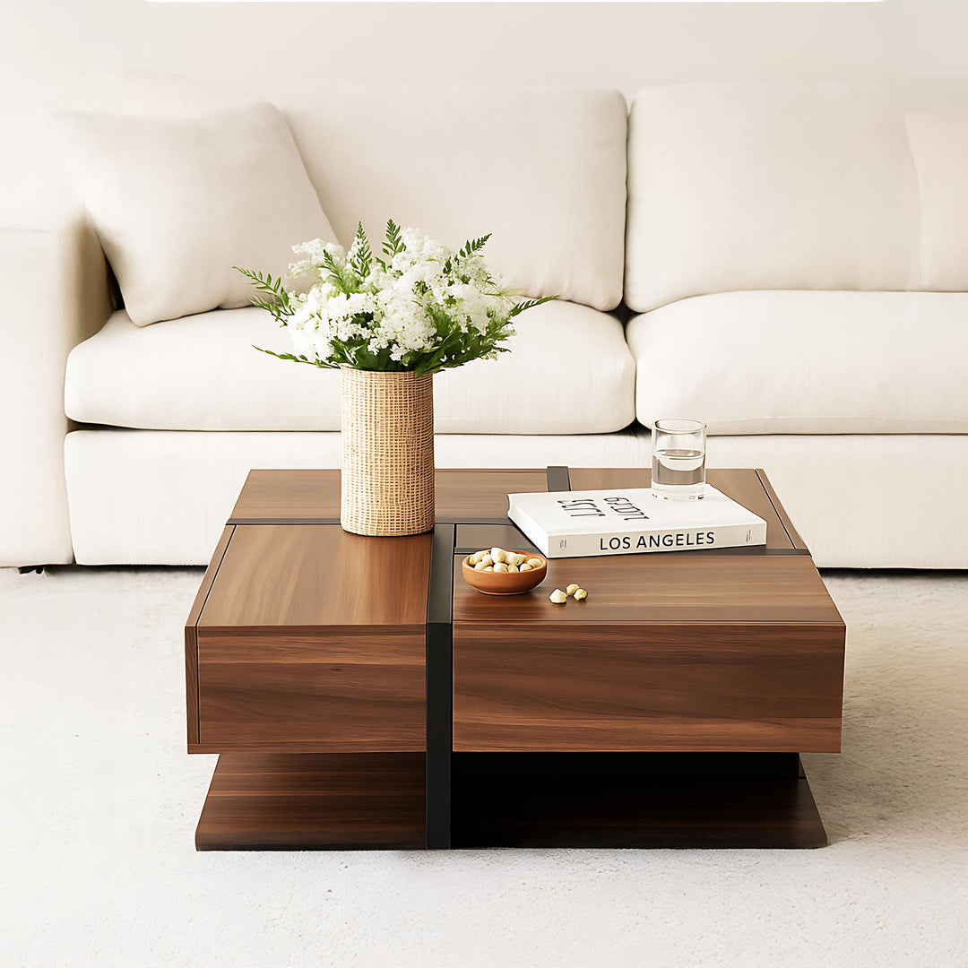Wood industrial coffee table with 4 drawers and line design AILZAIL BROWN UK