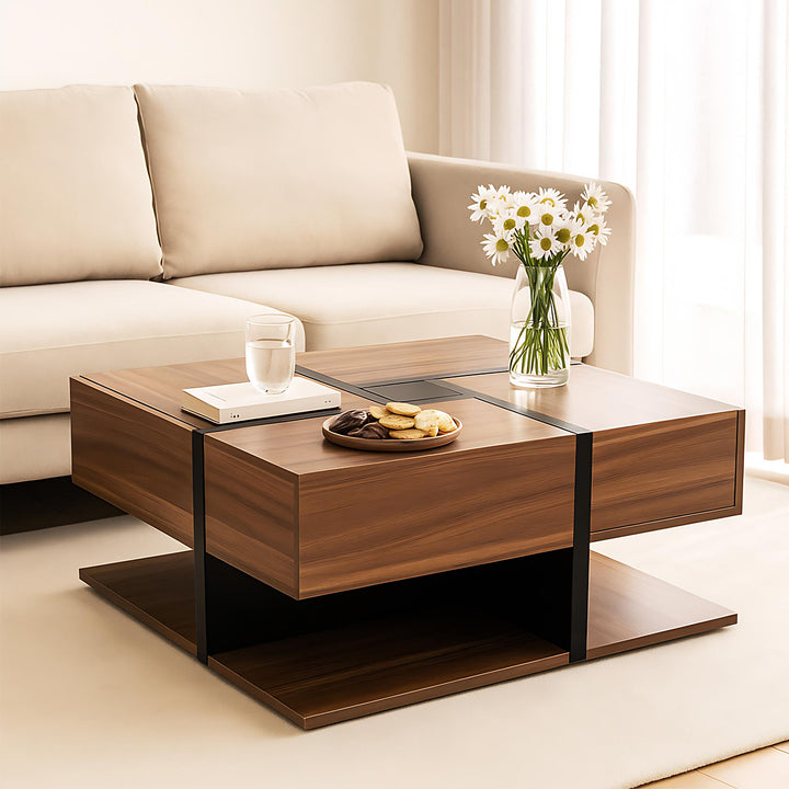 Wood industrial coffee table with 4 drawers and line design AILZAIL BROWN UK