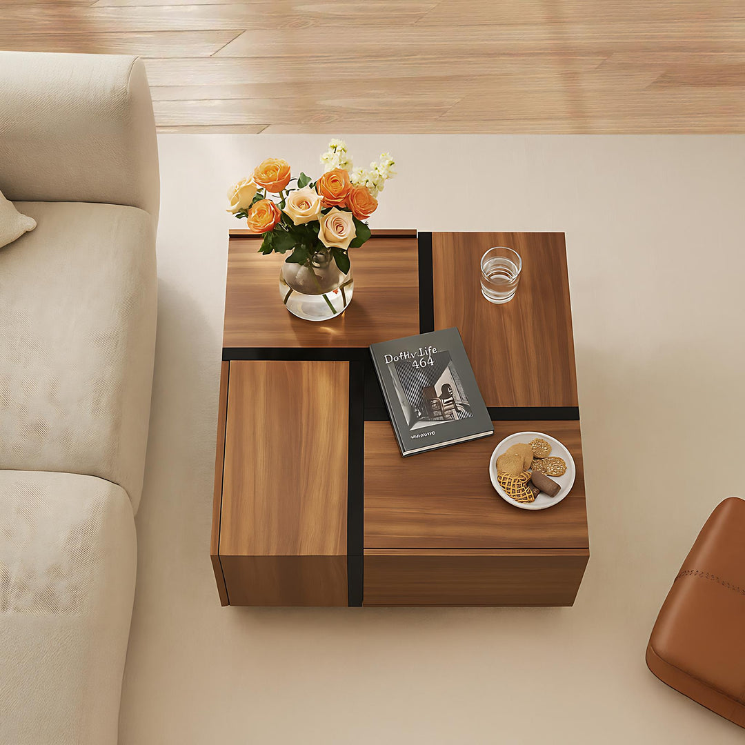 Wood industrial coffee table with 4 drawers and line design AILZAIL BROWN UK