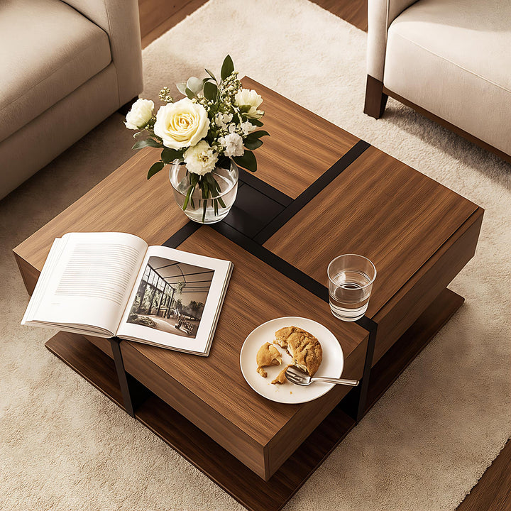 Wood industrial coffee table with 4 drawers and line design AILZAIL BROWN UK