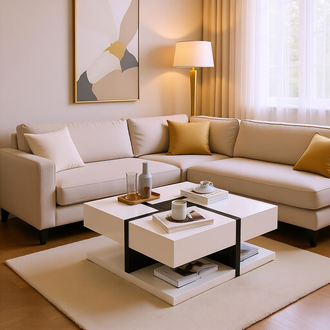 White square coffee table with 4 drawers line design AILZAIL WHITE UK