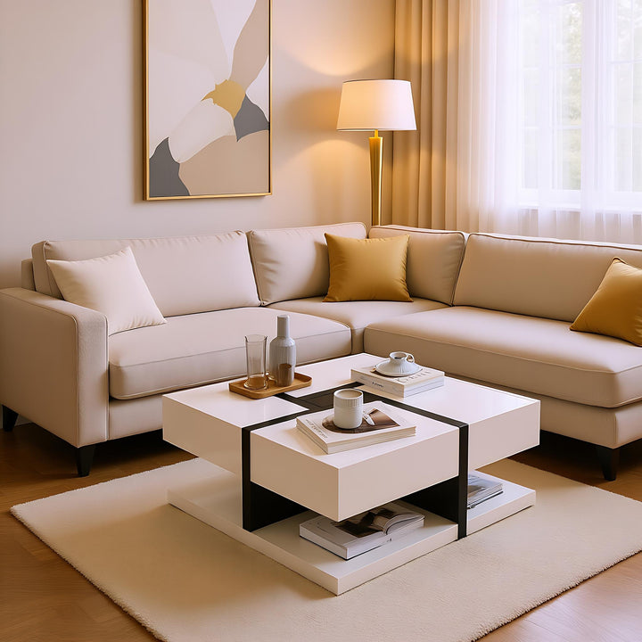 White square coffee table with 4 drawers line design AILZAIL WHITE UK