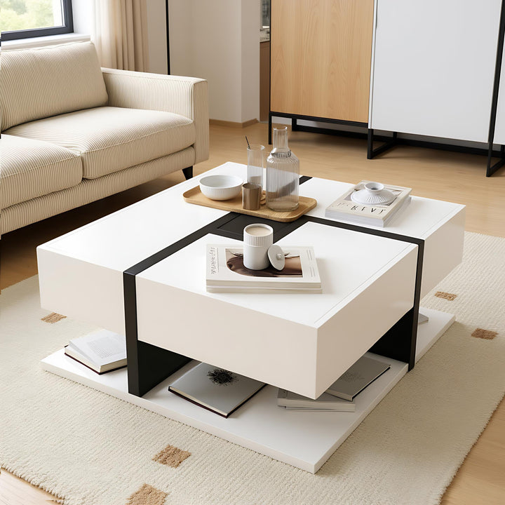 White square coffee table with 4 drawers line design AILZAIL WHITE UK