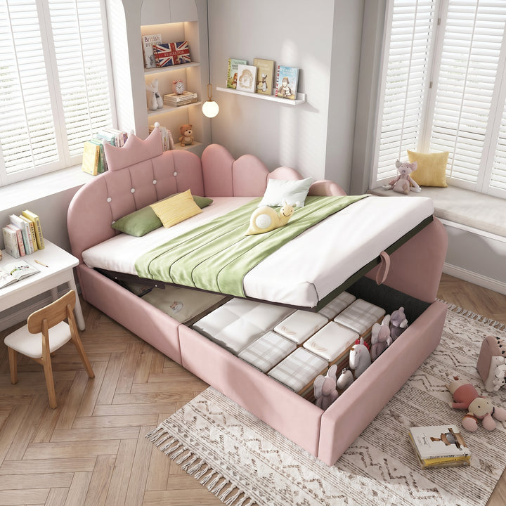 Daybed single ottoman upholstered velvet pink, crown design, No Mattress ARMOIREPLUS