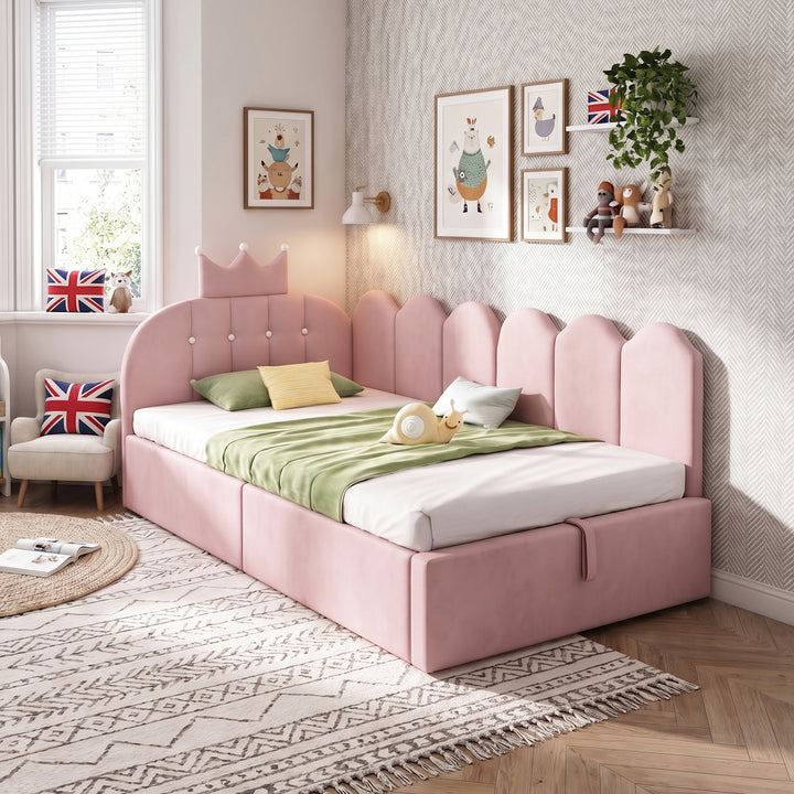 Daybed single ottoman upholstered velvet pink, crown design, No Mattress ARMOIREPLUS