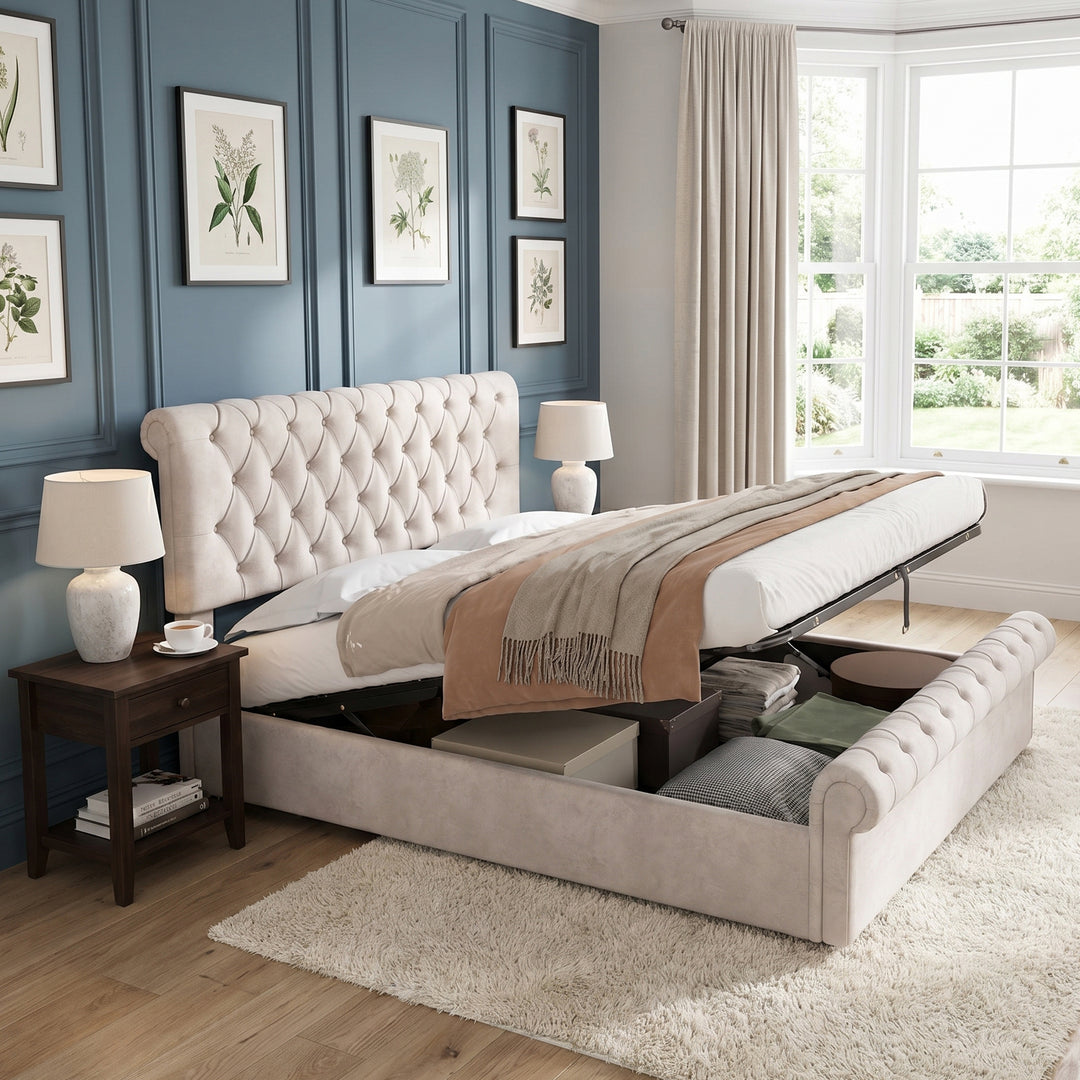 00+Tufted double bed frame velvet beige, adjustable headboard 140x200cm ARMOIRERESIN