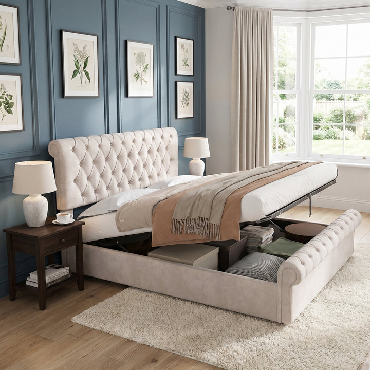 00+Tufted double bed frame velvet beige, adjustable headboard 140x200cm ARMOIRERESIN