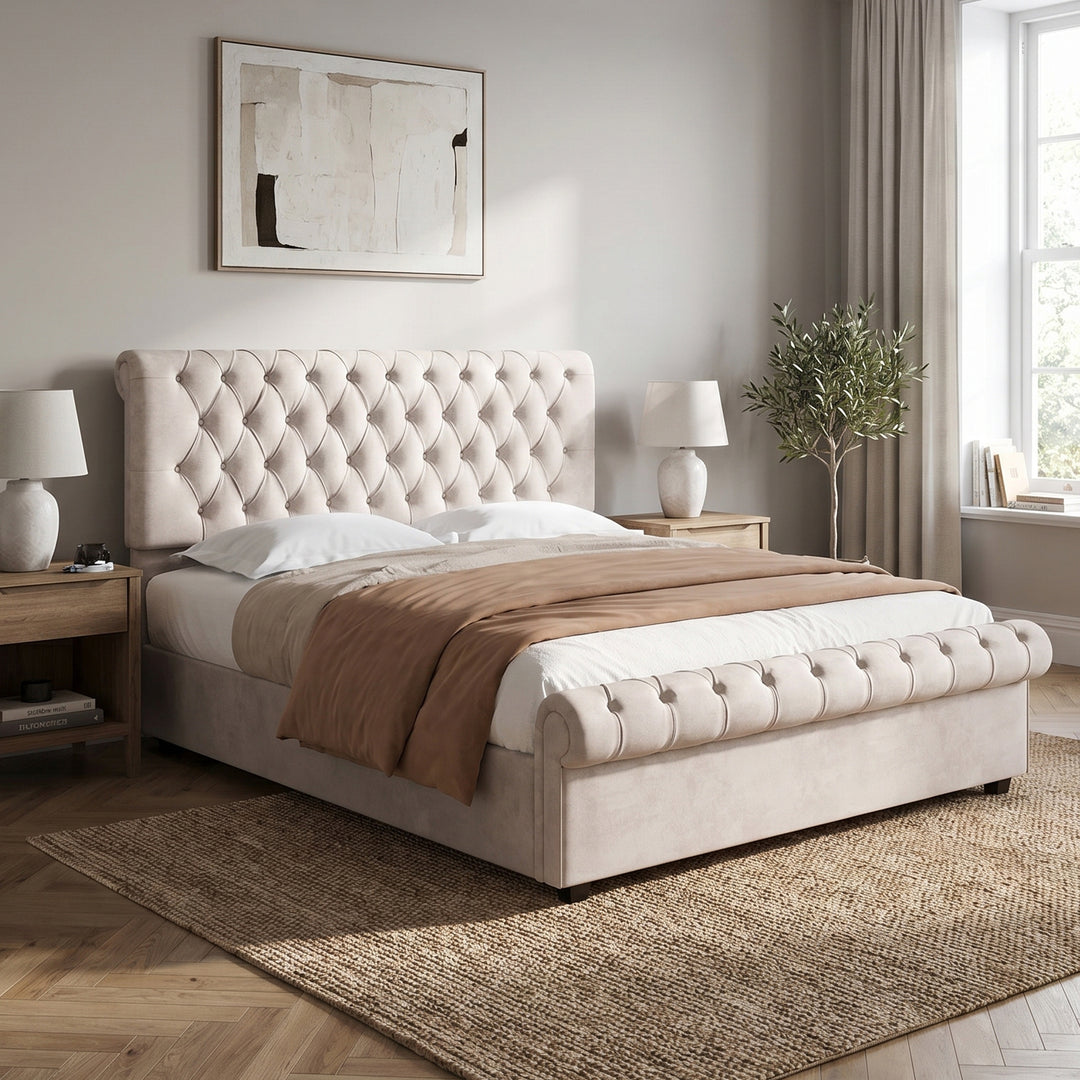 00+Tufted double bed frame velvet beige, adjustable headboard 140x200cm ARMOIRERESIN