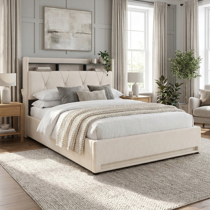 Double ottoman bed frame upholstery velvet beige with LED lighting and charging station  140*200cm No Mattress ASHBAR