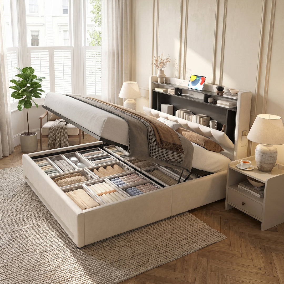 Double ottoman bed frame upholstery velvet beige with LED lighting and charging station  140*200cm No Mattress ASHBAR