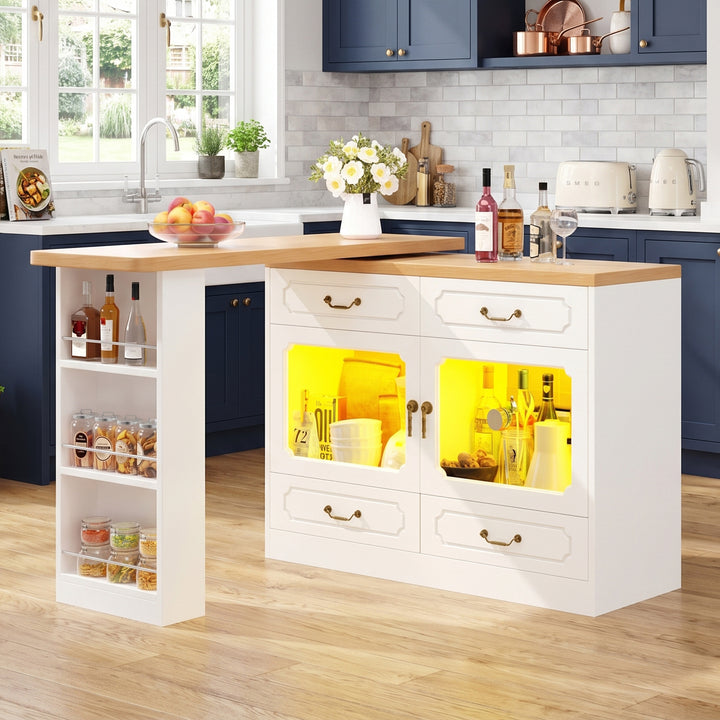 White kitchen island bar table, 360° rotating with LED lights and drawers ASHBASKET